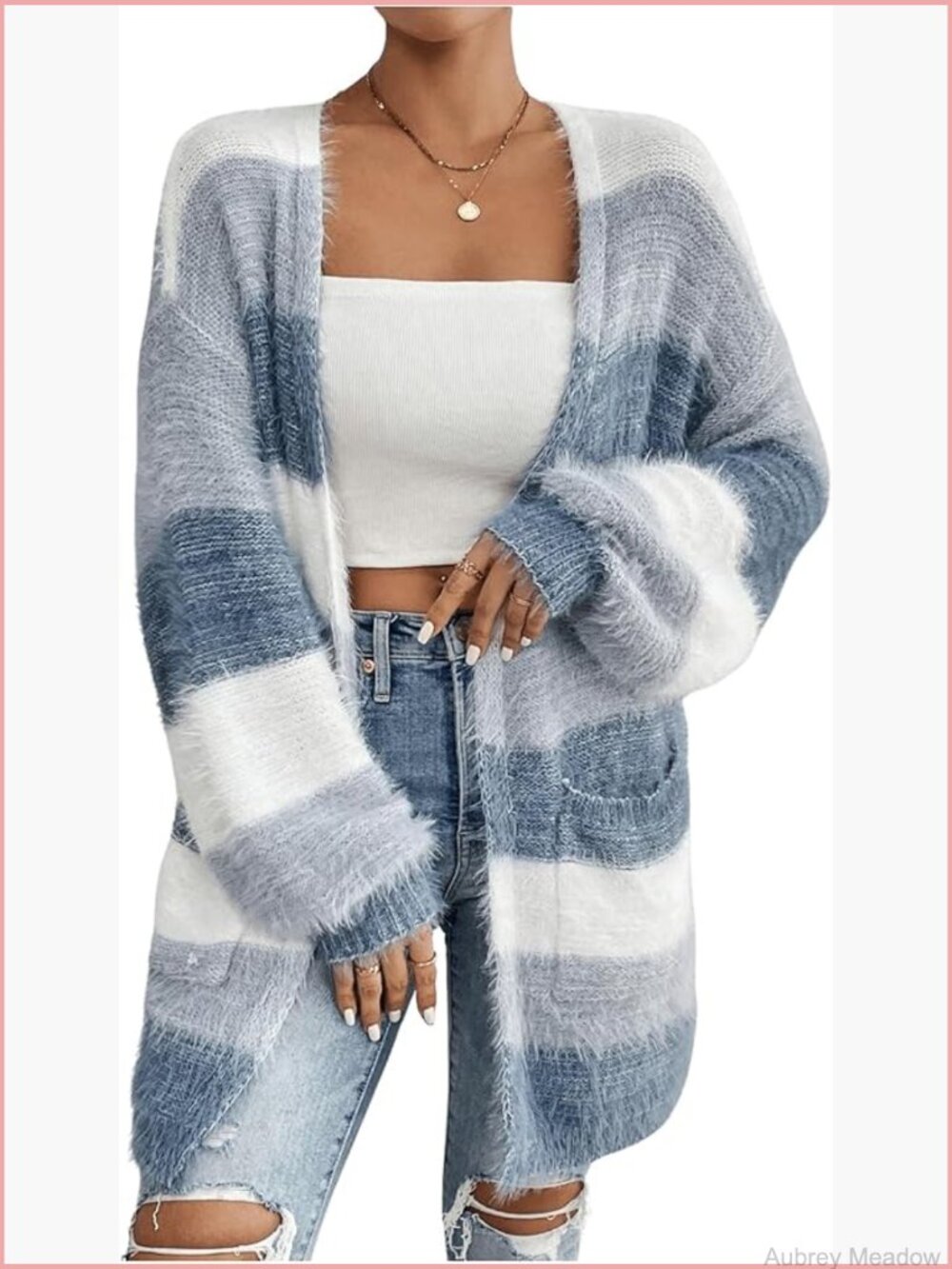Colorblock Fuzzy Cardigan Sweater Open Front Long Sleeve Knit Outerwear With